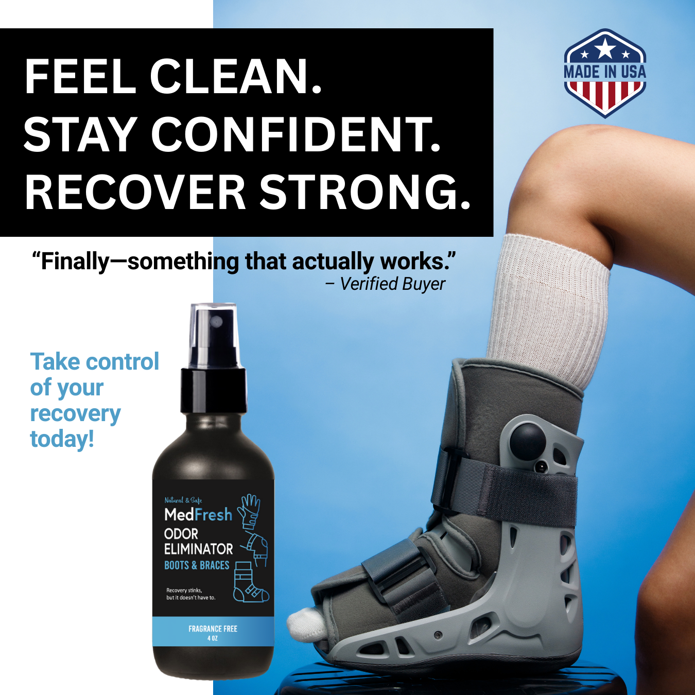 MedFresh Odor Eliminator Spray – Unscented  – Medical-Grade Odor Neutralizer for Boots, Braces, and Post-Op Gear – Non-Toxic, Skin-Safe, Fragrance-Free, Made in USA