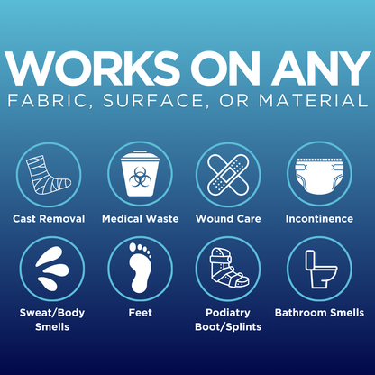 Medical Grade Hospital odor eliminator works to remove foul smells from cast removal, medical waste, wound care, incontinence, sweat odor, body odor, feet, podiatry boots/splints, bathroom smells, bile, and other odors.